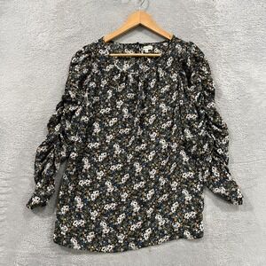 Max Studio Blouse Top Womens L Multi Floral Stretch Ruched Sleeve Keyhole Back